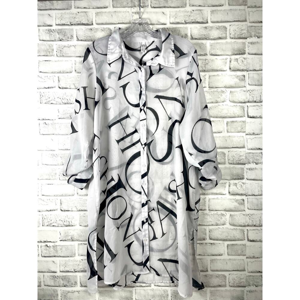 Live 4 Truth Chiffon Sheer Letter Print Button Down Tunic Top Shirt XL White